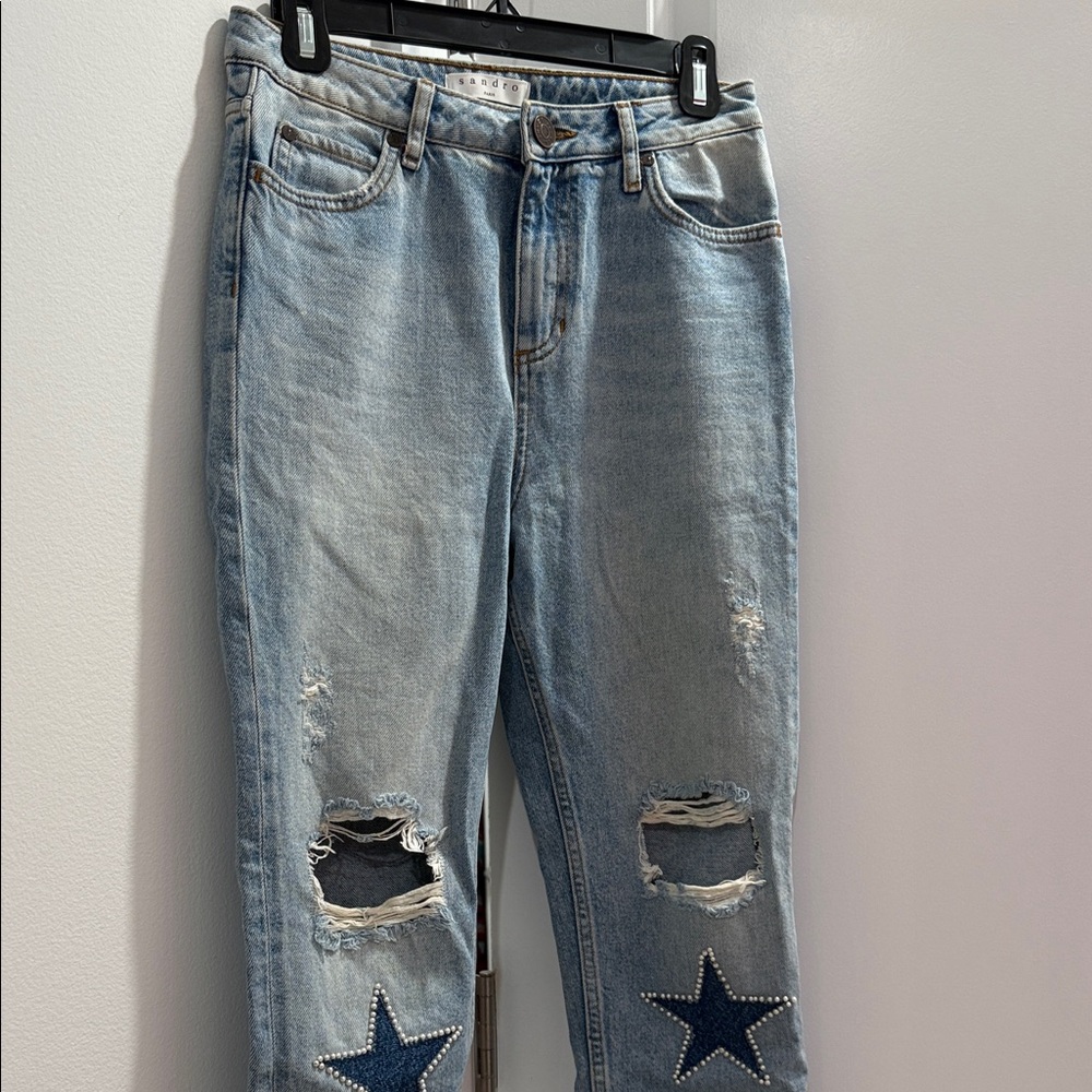 SANDRO Women's Straight Leg Jeans with Star Patches
